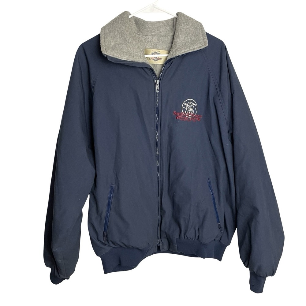 Vintage Smith & Wesson Mens Bomber Jacket Size XL Navy Fleece Lined Embroidered